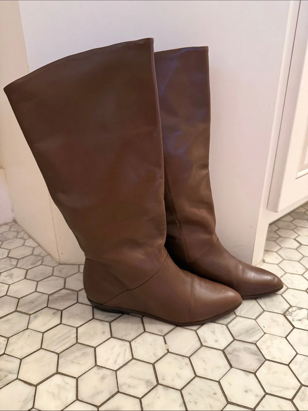 Vintage 80s LEATHER Made In Brazil Brown Knee-High Women's Flat Boots 7.5